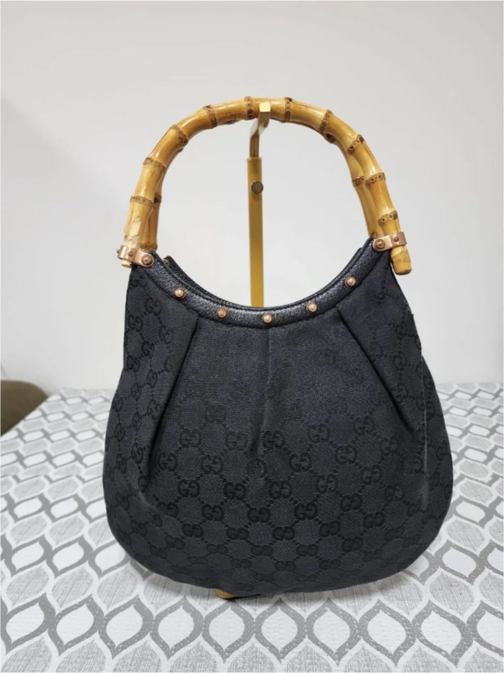 Authentic Gucci Bamboo Canvas Hobo Bag Black